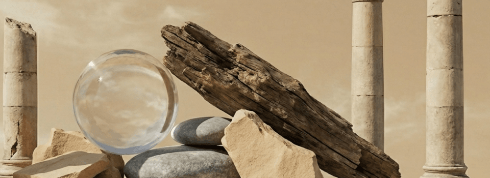 A clear glass sphere, weathered driftwood, and natural stones are artfully arranged against a muted background with ancient stone columns.