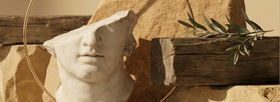 Fragmented classical marble bust surrounded by natural stone, rough wood, a golden ring, and an olive branch, evoking ancient beauty.