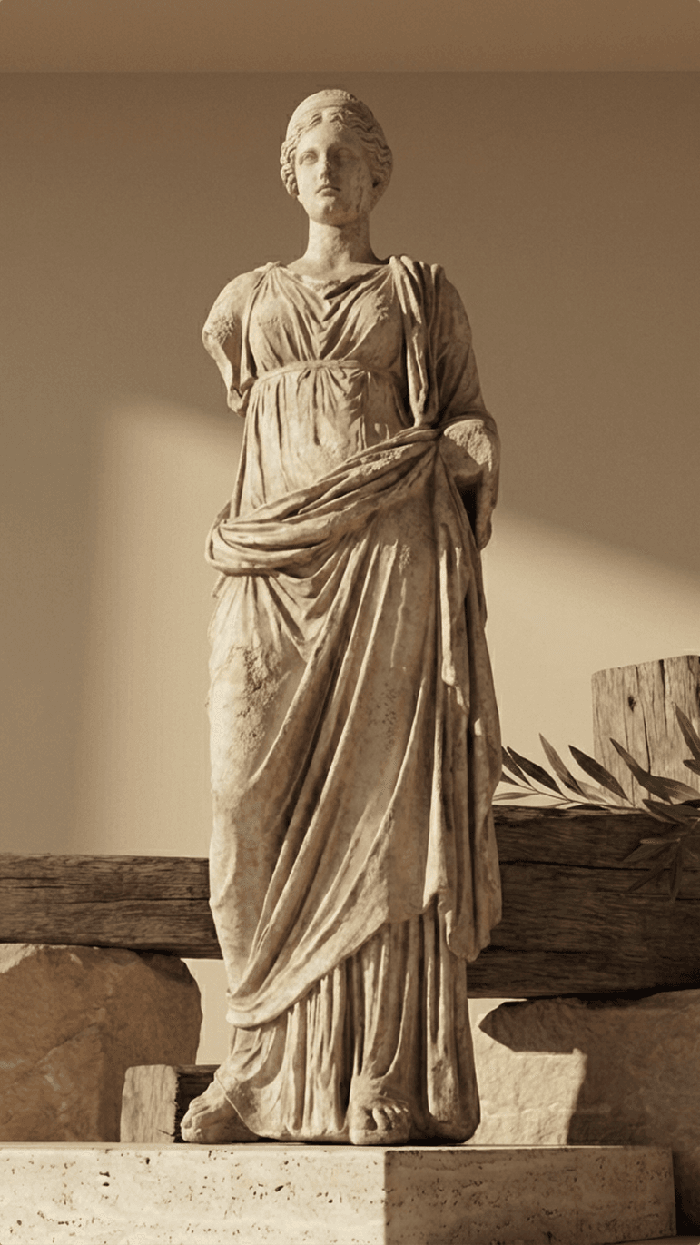 A weathered marble statue of a draped woman with missing arms stands on a stone pedestal, surrounded by ancient stone blocks, wooden beams, and olive branches.